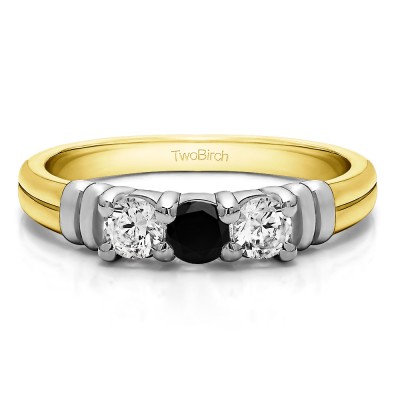 0.48 Carat Black and White Three Stone U Set Ribbed Shank Wedding Ring  in Two Tone Gold
