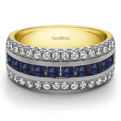 1.98 Carat Sapphire and Diamond Three Row Fishtail Set Anniversary Ring in Two Tone Gold