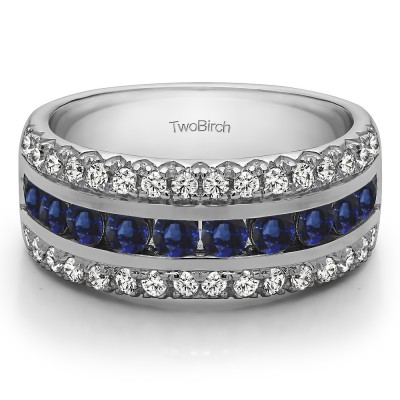 1.52 Carat Sapphire and Diamond Three Row Fishtail Set Anniversary Ring