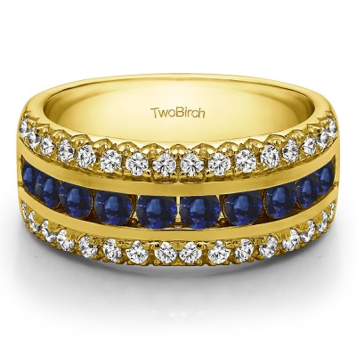 0.75 Carat Sapphire and Diamond Three Row Fishtail Set Anniversary Ring in Yellow Gold