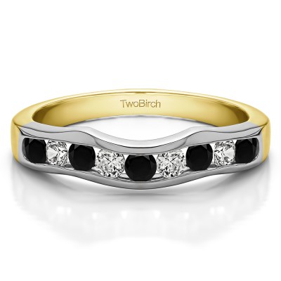 0.48 Ct. Black and White Eight Round Stone Channel Contour Wedding Band in Two Tone Gold