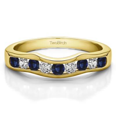 0.48 Ct. Sapphire and Diamond Eight Round Stone Channel Contour Wedding Band in Yellow Gold
