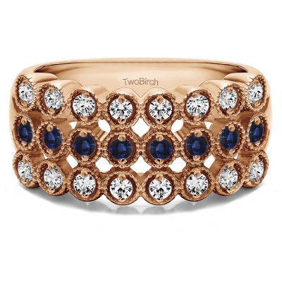 0.72 Carat Sapphire and Diamond Millgrained Bezel Three Row Anniversary Band in Rose Gold