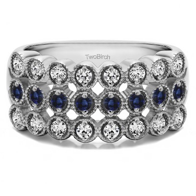 0.72 Carat Sapphire and Diamond Millgrained Bezel Three Row Anniversary Band