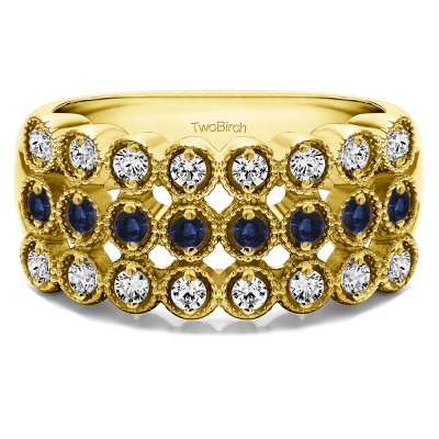 0.72 Carat Sapphire and Diamond Millgrained Bezel Three Row Anniversary Band in Yellow Gold