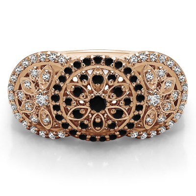 0.49 Carat Black and White Pave Set Flower Anniversary Ring in Rose Gold