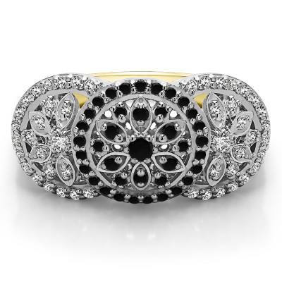 0.49 Carat Black and White Pave Set Flower Anniversary Ring in Two Tone Gold