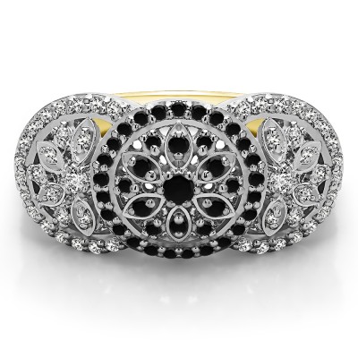 0.49 Carat Black and White Pave Set Flower Anniversary Ring in Two Tone Gold