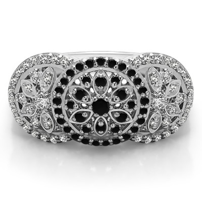 0.49 Carat Black and White Pave Set Flower Anniversary Ring