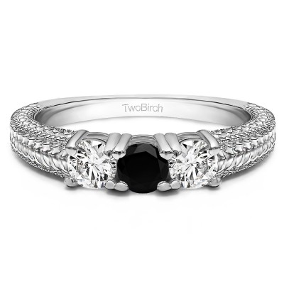 0.75 Carat Black and White Three Stone Engraved Shank Wedding Band