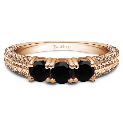 0.75 Carat Black Three Stone Engraved Shank Wedding Band in Rose Gold