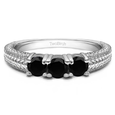 0.75 Carat Black Three Stone Engraved Shank Wedding Band