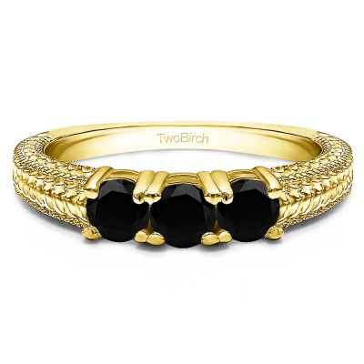 0.75 Carat Black Three Stone Engraved Shank Wedding Band in Yellow Gold