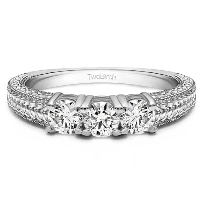 0.75 Carat Three Stone Engraved Shank Wedding Band