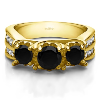 0.98 Carat Black and White Three Stone Shared Prong Wedding Anniversary Band  in Yellow Gold