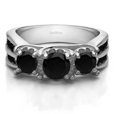 0.98 Carat Black Three Stone Shared Prong Wedding Anniversary Band