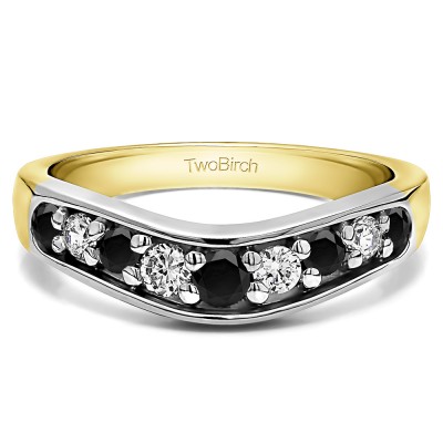 0.42 Ct. Black and White Nine Stone Graduated Prong In Channel Contour Wedding Ring in Two Tone Gold