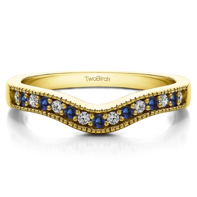 0.24 Ct. Sapphire and Diamond Vintage Contour Band with Milgrained Edges in Yellow Gold
