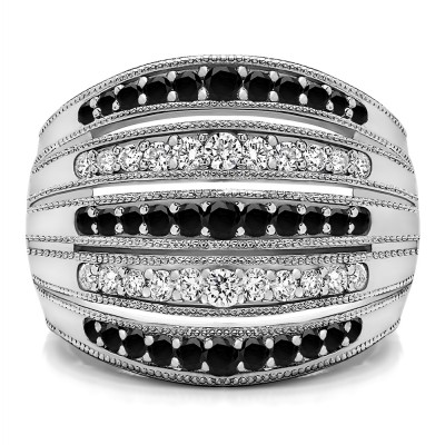 0.52 Carat Black and White Large Domed Milgrained Anniversary Band