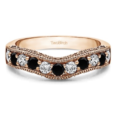 1 Ct. Black and White Vintage Filigree & Milgrained Curved Wedding Band in Rose Gold