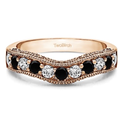 1 Ct. Black and White Vintage Filigree & Milgrained Curved Wedding Band in Rose Gold