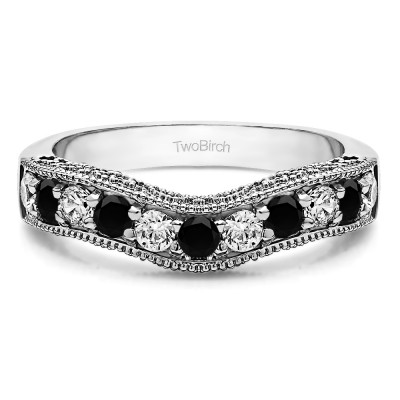 0.75 Ct. Black and White Vintage Filigree & Milgrained Curved Wedding Band