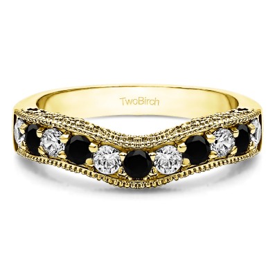 0.5 Ct. Black and White Vintage Filigree & Milgrained Curved Wedding Band in Yellow Gold