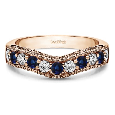 1 Ct. Sapphire and Diamond Vintage Filigree & Milgrained Curved Wedding Band in Rose Gold