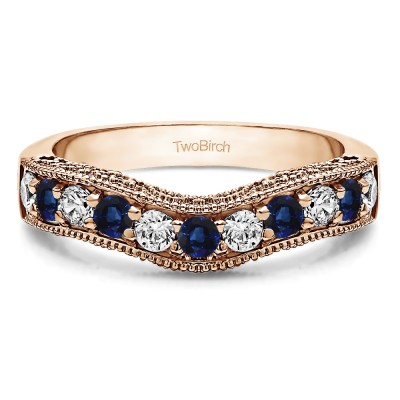 0.75 Ct. Sapphire and Diamond Vintage Filigree & Milgrained Curved Wedding Band in Rose Gold