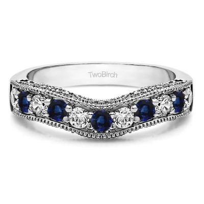 0.75 Ct. Sapphire and Diamond Vintage Filigree & Milgrained Curved Wedding Band