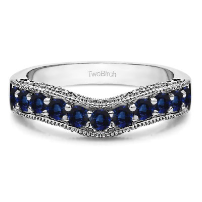 0.75 Ct. Sapphire Vintage Filigree & Milgrained Curved Wedding Band