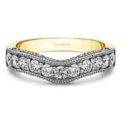 1 Ct. Vintage Filigree & Milgrained Curved Wedding Band in Two Tone Gold