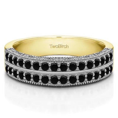 0.48 Carat Black Double Row Vintage Filigree Millgrained Wedding Band  in Two Tone Gold
