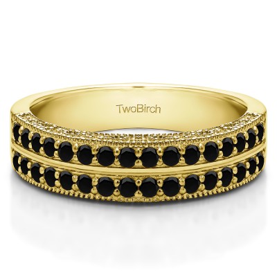 0.48 Carat Black Double Row Vintage Filigree Millgrained Wedding Band  in Yellow Gold