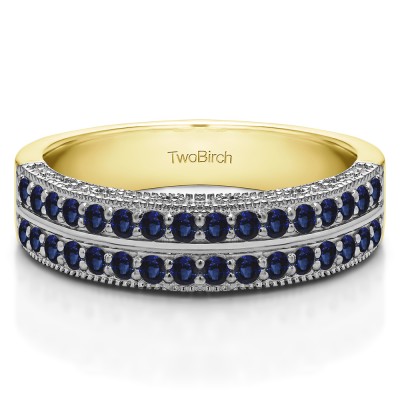 0.48 Carat Sapphire Double Row Vintage Filigree Millgrained Wedding Band  in Two Tone Gold