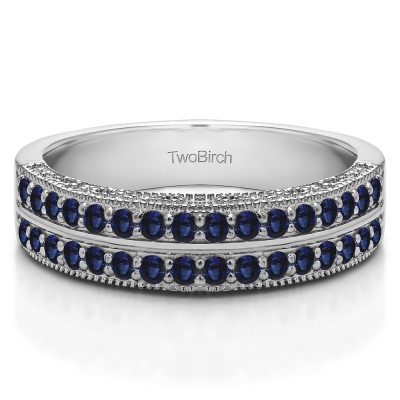 0.48 Carat Sapphire Double Row Vintage Filigree Millgrained Wedding Band