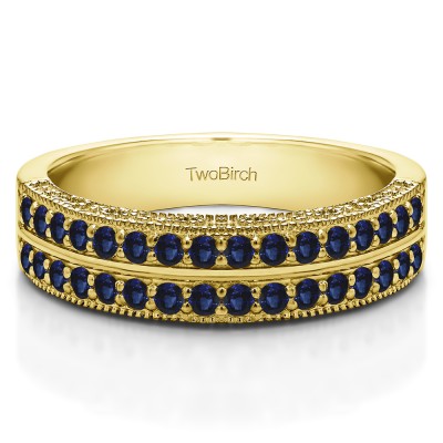 0.48 Carat Sapphire Double Row Vintage Filigree Millgrained Wedding Band  in Yellow Gold