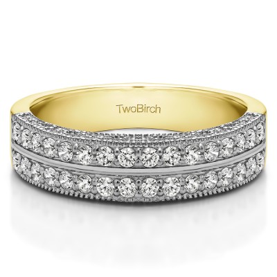 0.31 Carat Double Row Vintage Filigree Millgrained Wedding Band  in Two Tone Gold