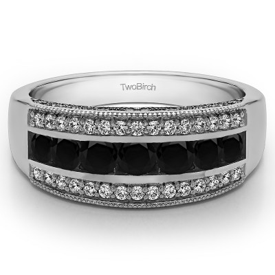 0.98 Carat Black and White Pave Set Filigree Three Row Anniversary Band