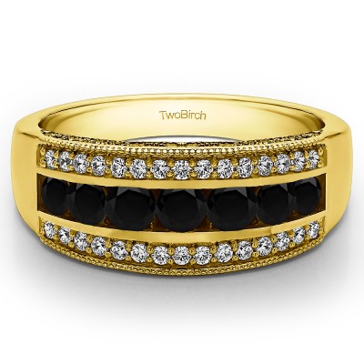 0.98 Carat Black and White Pave Set Filigree Three Row Anniversary Band  in Yellow Gold