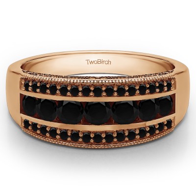 0.98 Carat Black Pave Set Filigree Three Row Anniversary Band  in Rose Gold