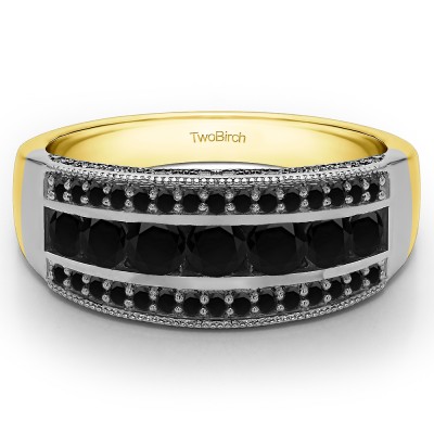 0.98 Carat Black Pave Set Filigree Three Row Anniversary Band  in Two Tone Gold