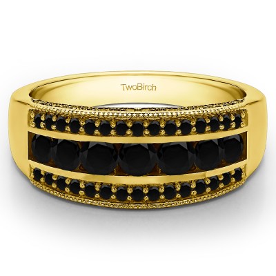 0.98 Carat Black Pave Set Filigree Three Row Anniversary Band  in Yellow Gold