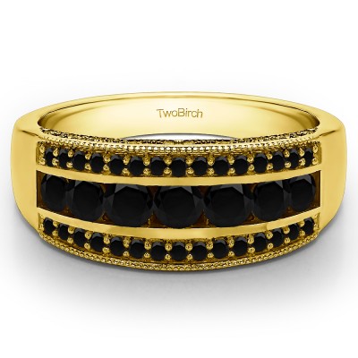 0.98 Carat Black Pave Set Filigree Three Row Anniversary Band  in Yellow Gold