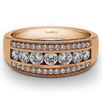 0.98 Carat Pave Set Filigree Three Row Anniversary Band  in Rose Gold