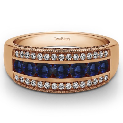 0.98 Carat Sapphire and Diamond Pave Set Filigree Three Row Anniversary Band  in Rose Gold