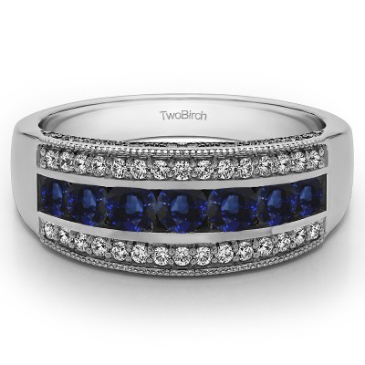 0.98 Carat Sapphire and Diamond Pave Set Filigree Three Row Anniversary Band
