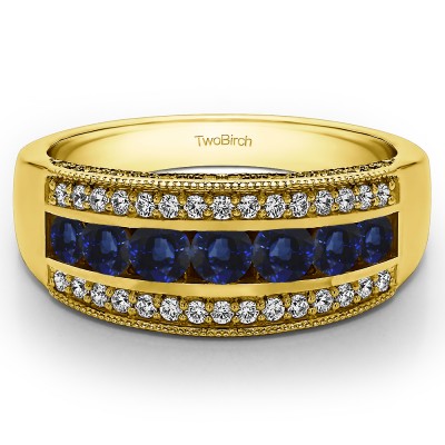 0.98 Carat Sapphire and Diamond Pave Set Filigree Three Row Anniversary Band  in Yellow Gold