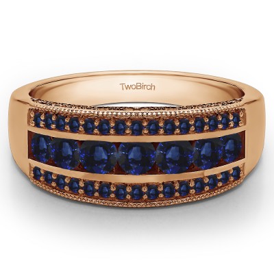 0.98 Carat Sapphire Pave Set Filigree Three Row Anniversary Band  in Rose Gold