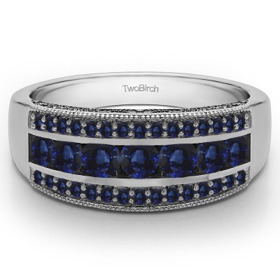 0.98 Carat Sapphire Pave Set Filigree Three Row Anniversary Band